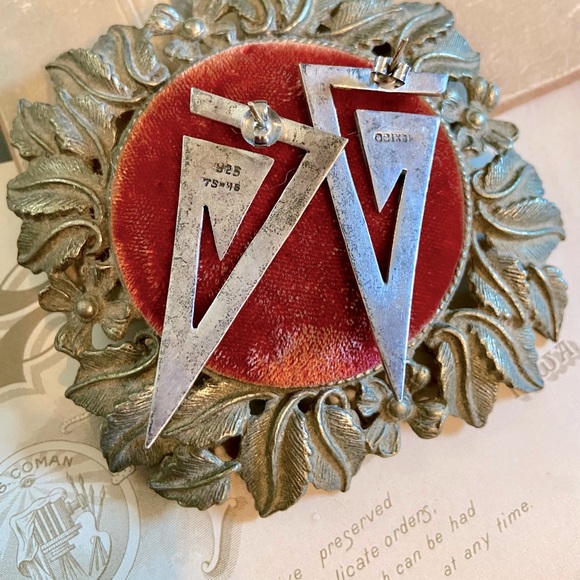 Large Vintage Sterling Silver Taxco Geometric Triangle Pierced Earrings TS-45 - Picture 9 of 11